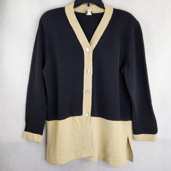 Vintage Helen HSU Cardigan Sweater Size L Black Tan Made in USA Button Front - Picture 1 of 10